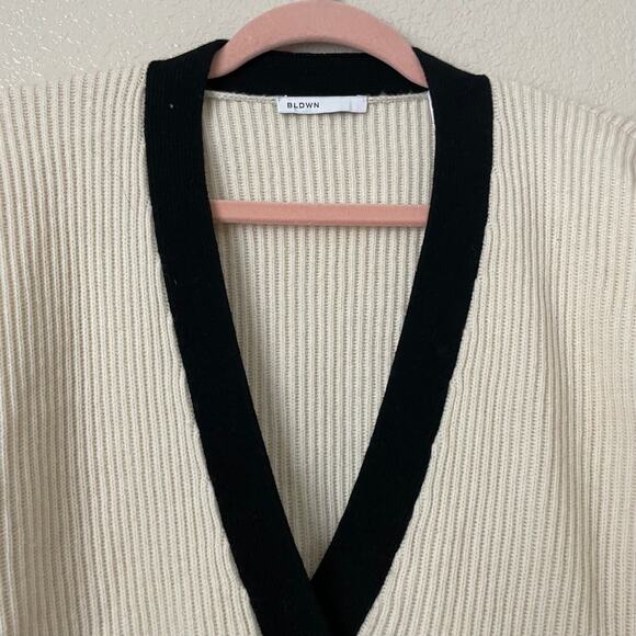 BLDWN Cardigan Women Small Cream Black Sparrow Cashmere Wool Ribbed Knit Sweater - Picture 4 of 12